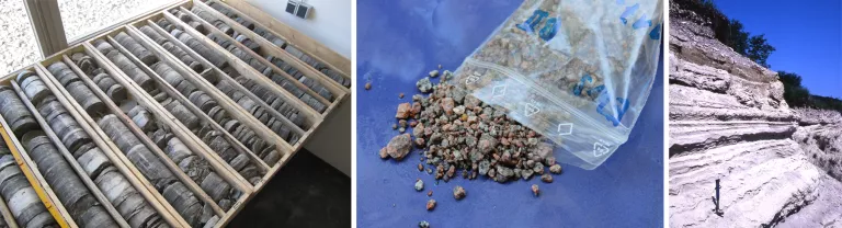 Ein Bild zusammengesetzt aus drei einzelnen Fotos. Links: ausgelegter Bohrkern in Kernkisten; Mitte: durch eine Bohrung zerkleinertes Gesteinsmaterial  in einer Plastiktüte, genannt Bohrklein; Rechts: Aufschluss im Gelände