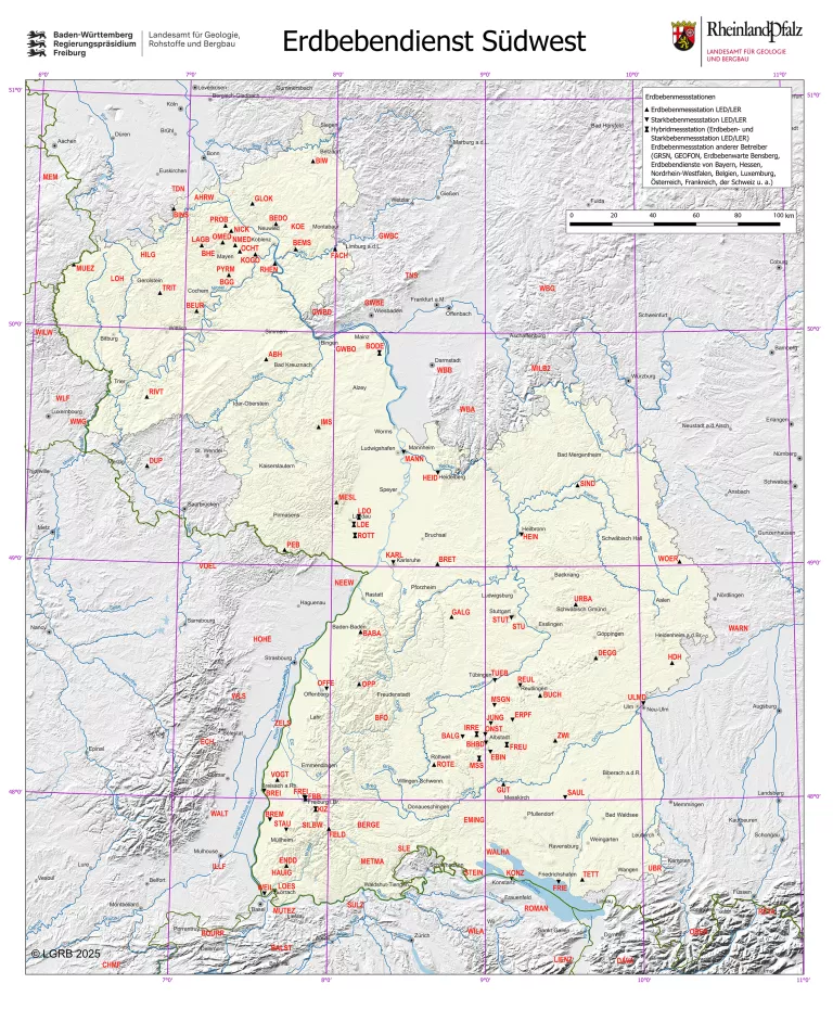 Erdbebenmessstationen des EDSW (Stand 01.02.2025)