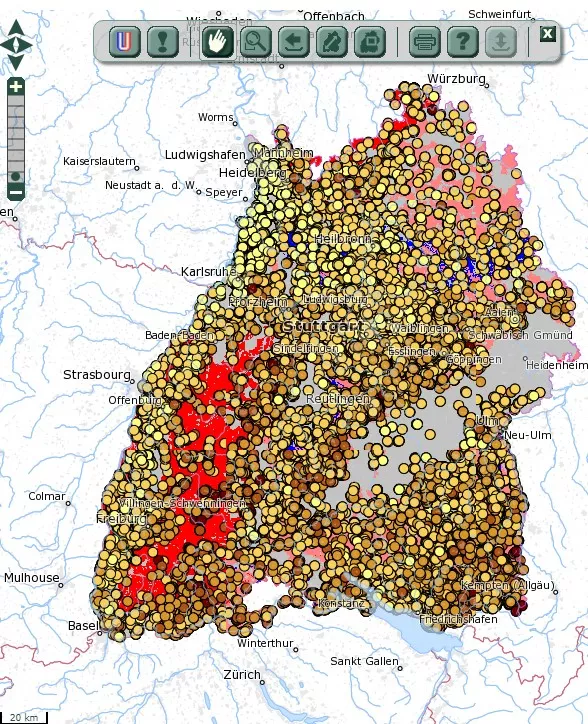 Karte von Baden-Württemberg aus dem System ISONG, welche die Verteilung von Erdwärmebohrungen durch farbige Punkte anzeigt