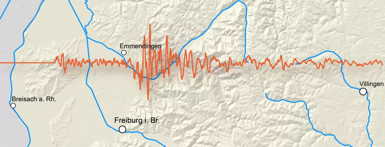 Kartenausschnitt mit Relief, Orten, Gewässer; darüber liegt ein Seismogramm in rot