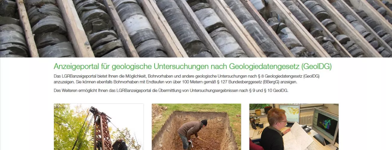 Bildschirmausschnitt des LGRBanzeigeportals; oben Bohrkernkisten, unten 3 Bildausschnitte