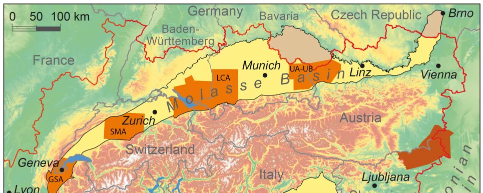Projektgebiet GeoMol: Karte mit verschiedenfarbigen Flächen rund um den Alpenbogen